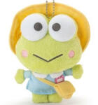 a plushie keychain of keroppi in a kindergarten uniform