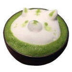a matcha latte, the foam is a cat, the details are made with the matcha foam.